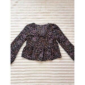 Hippie Rose Floral Peplum Blouse | Black Long Sleeve Tie Front Top Size Small